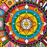 **

A vibrant and colorful illustration depicting the nine elements of GNH (Gross National Happiness). Include icons or symbols representing psychological well-being, health, time use, education, cultural diversity, good governance, community vitality, environmental diversity, and living standards. The overall style should be positive and uplifting, showcasing a balanced and harmonious society. Consider a mandala-like arrangement to visually represent the interconnectedness of the elements.

**