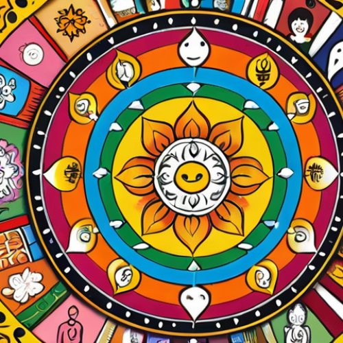 **

A vibrant and colorful illustration depicting the nine elements of GNH (Gross National Happiness). Include icons or symbols representing psychological well-being, health, time use, education, cultural diversity, good governance, community vitality, environmental diversity, and living standards. The overall style should be positive and uplifting, showcasing a balanced and harmonious society. Consider a mandala-like arrangement to visually represent the interconnectedness of the elements.

**