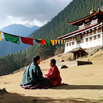 **Image Prompt:** A serene Bhutanese landscape with prayer flags fluttering in the wind, showcasing the harmony between nature and traditional architecture. A family is depicted enjoying a picnic, with a focus on their peaceful expressions. Text overlay: "GNH: 心の豊かさの指標" (GNH: An Indicator of Inner Fulfillment). Style: Watercolor painting, soft lighting.