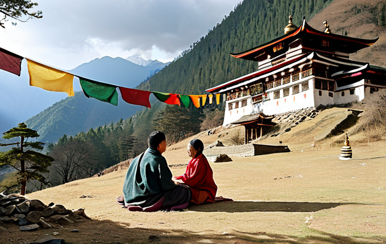 **Image Prompt:** A serene Bhutanese landscape with prayer flags fluttering in the wind, showcasing the harmony between nature and traditional architecture. A family is depicted enjoying a picnic, with a focus on their peaceful expressions. Text overlay: "GNH: 心の豊かさの指標" (GNH: An Indicator of Inner Fulfillment). Style: Watercolor painting, soft lighting.