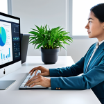 A professional individual, fully clothed in a modest business outfit, sitting calmly at a sleek, minimalist desk in a bright, modern office space. A subtle, non-intrusive holographic AI interface floats nearby, displaying abstract, peaceful data visualizations. The person gazes contemplatively at a potted plant, embodying a sense of inner peace and balanced engagement with technology. Perfect anatomy, correct proportions, natural pose, well-formed hands, proper finger count, natural body proportions, professional photography, high quality, safe for work, appropriate content, fully clothed, professional dress.
