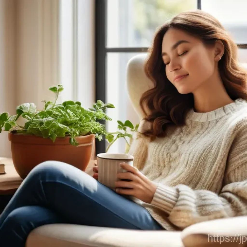 GNH 행복경제의 평가 기준 - **Prompt:** A serene and cozy indoor scene. A woman, approximately 30 years old, with a gentle and c...
