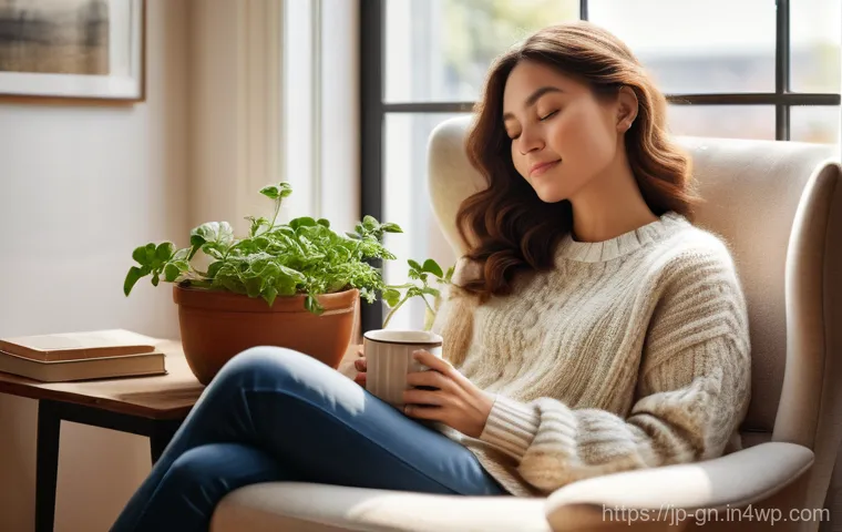 GNH 행복경제의 평가 기준 - **Prompt:** A serene and cozy indoor scene. A woman, approximately 30 years old, with a gentle and c...