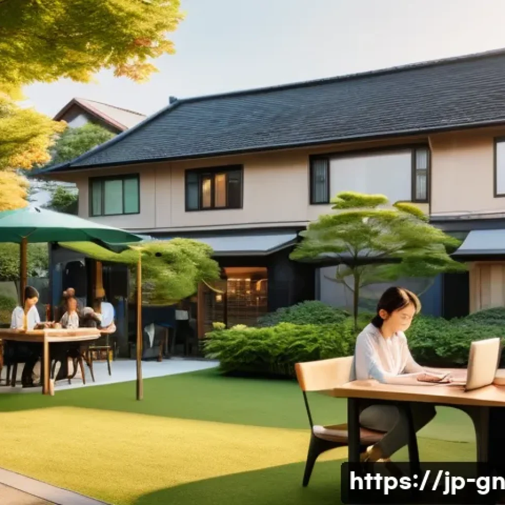 GNH 행복경제의 다양한 관점 - A modern Japanese urban scene during golden hour, showing diverse people enjoying balanced work-life...