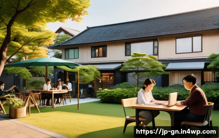 GNH 행복경제의 다양한 관점 - A modern Japanese urban scene during golden hour, showing diverse people enjoying balanced work-life...