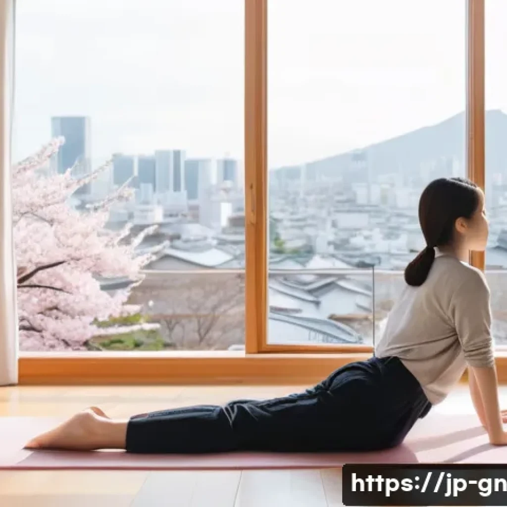 GNH 행복경제와 정신적 웰빙의 중요성 - A serene morning scene in a modern Japanese apartment, featuring a young adult woman in comfortable ...