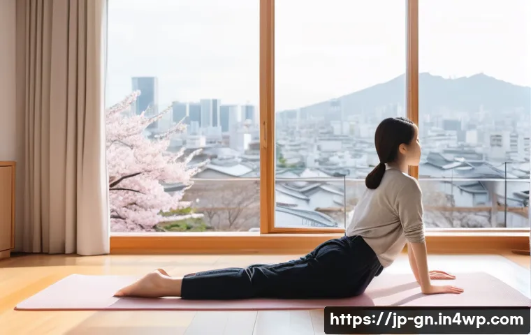GNH 행복경제와 정신적 웰빙의 중요성 - A serene morning scene in a modern Japanese apartment, featuring a young adult woman in comfortable ...