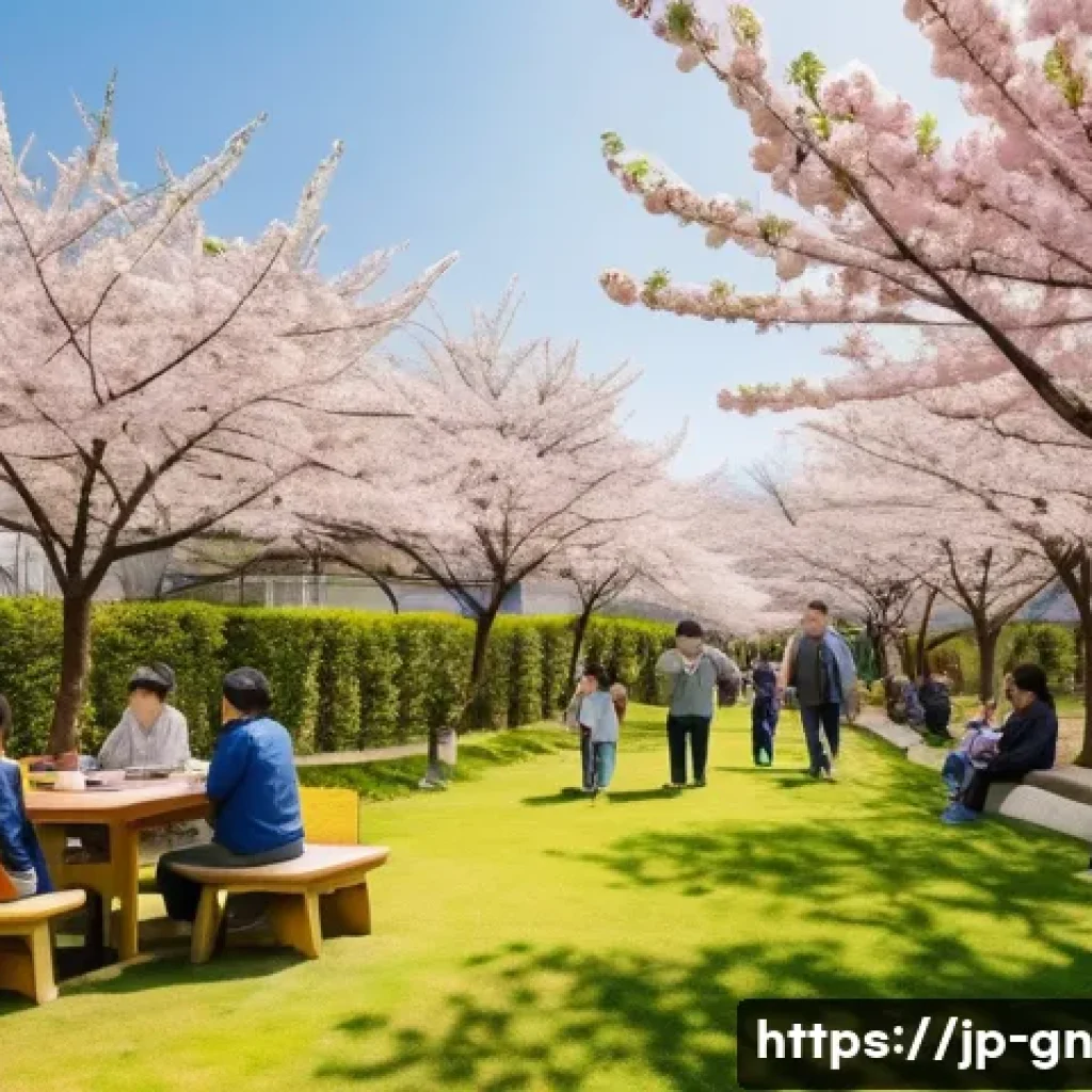 GNH 행복경제와 시민 사회 - A serene Japanese community park scene during a sunny afternoon, featuring diverse groups of people ...