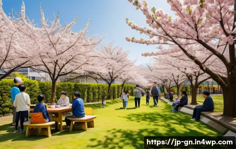 GNH 행복경제와 시민 사회 - A serene Japanese community park scene during a sunny afternoon, featuring diverse groups of people ...