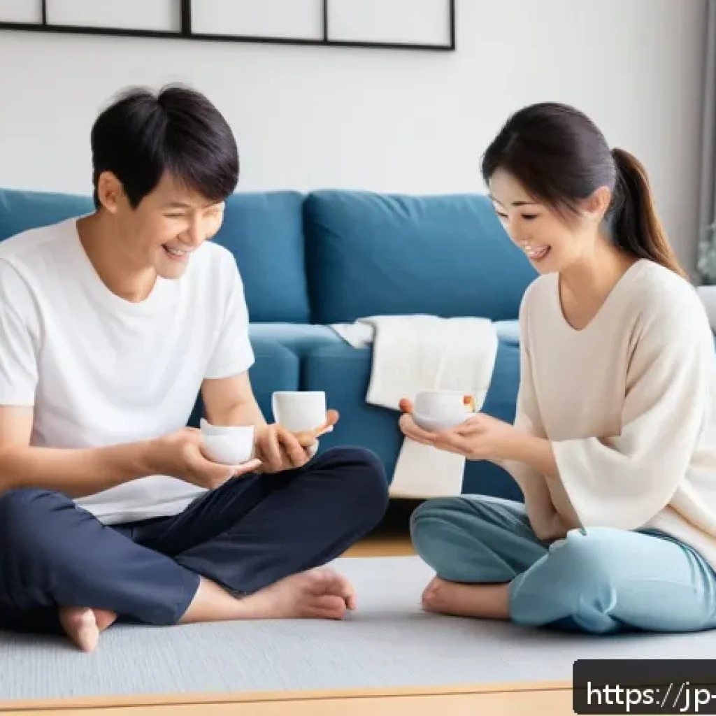 GNH 행복경제의 효과적인 커뮤니케이션 전략 - A warm and inviting Japanese family scene in a modern living room, showing a young couple and their ...