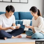 GNH 행복경제의 효과적인 커뮤니케이션 전략 - A warm and inviting Japanese family scene in a modern living room, showing a young couple and their ...