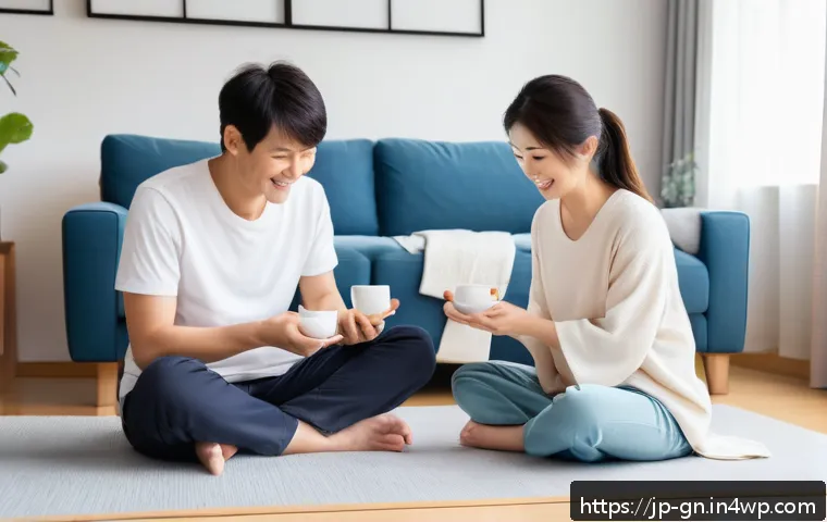 GNH 행복경제의 효과적인 커뮤니케이션 전략 - A warm and inviting Japanese family scene in a modern living room, showing a young couple and their ...