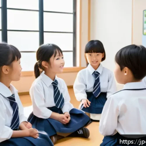 GNH 행복경제의 교육적 접근법 - A diverse group of Japanese elementary school children wearing neat school uniforms and sitting in a...