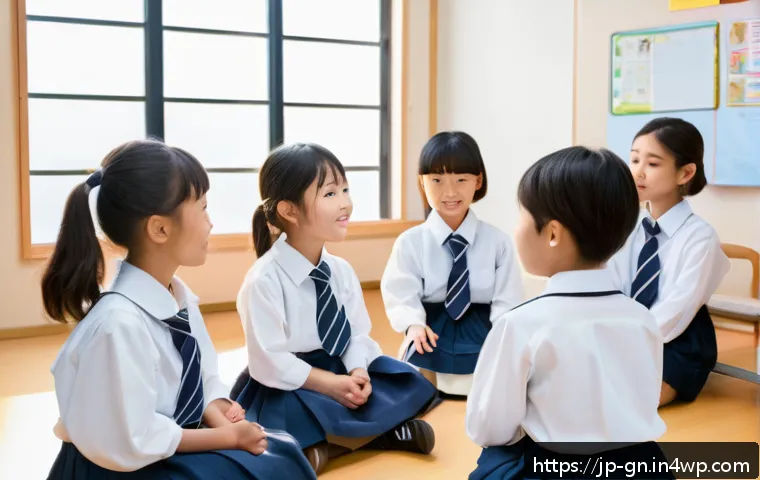 GNH 행복경제의 교육적 접근법 - A diverse group of Japanese elementary school children wearing neat school uniforms and sitting in a...
