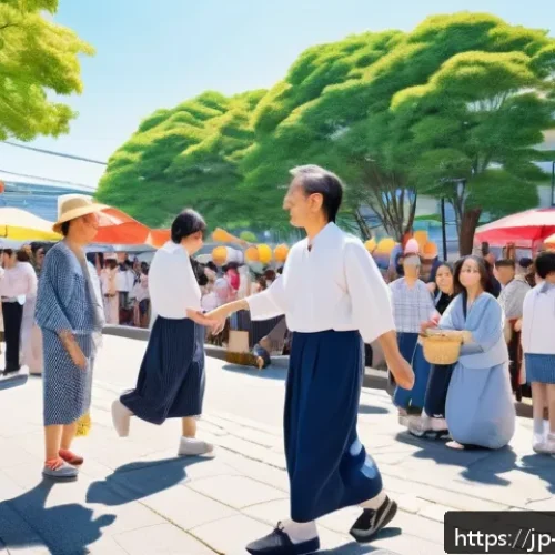 GNH 행복경제와 공동체의 힘 - A vibrant Japanese community festival scene in a modern town square, featuring diverse multigenerati...