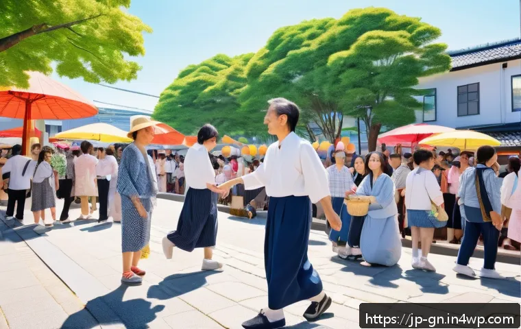 GNH 행복경제와 공동체의 힘 - A vibrant Japanese community festival scene in a modern town square, featuring diverse multigenerati...