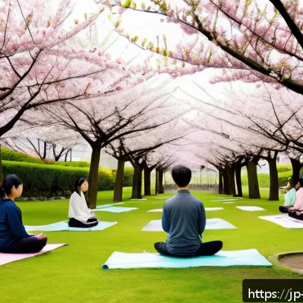GNH 행복경제와 청년의 역할 - A serene urban park scene in Japan during early spring, featuring diverse young people engaging in m...