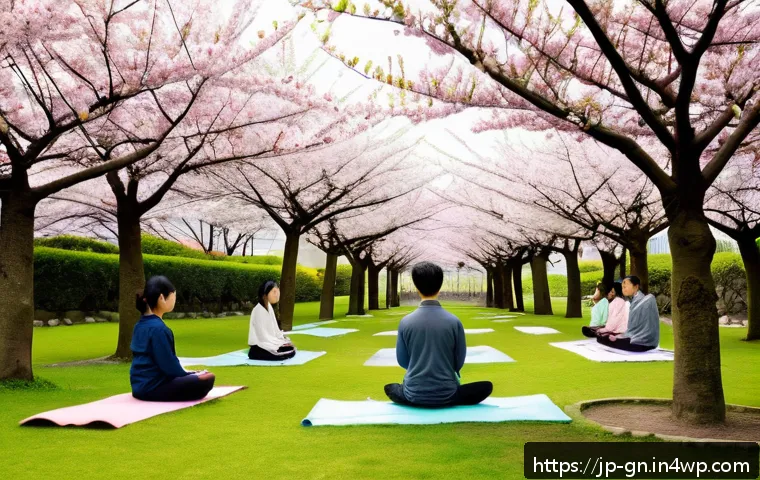 GNH 행복경제와 청년의 역할 - A serene urban park scene in Japan during early spring, featuring diverse young people engaging in m...