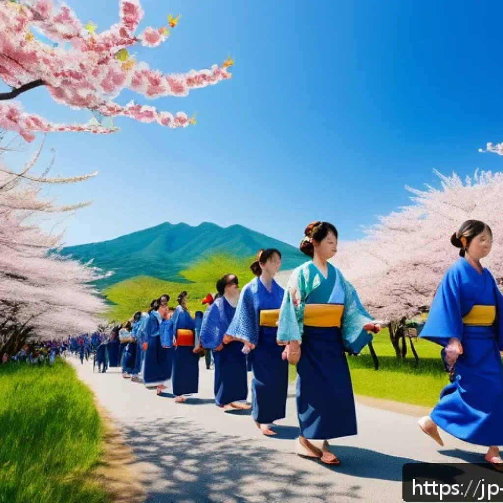 GNH 행복경제의 다양한 사례들 - A vibrant Japanese rural community festival scene during daytime, featuring multi-generational peopl...