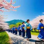 GNH 행복경제의 다양한 사례들 - A vibrant Japanese rural community festival scene during daytime, featuring multi-generational peopl...