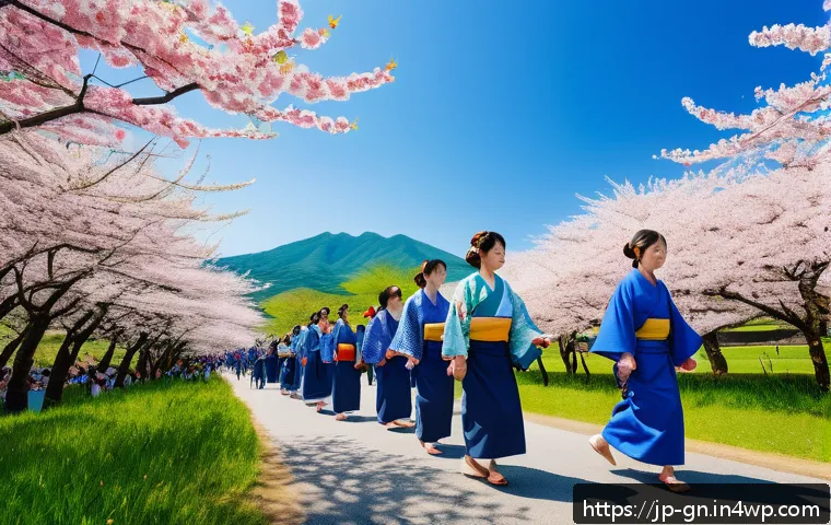 GNH 행복경제의 다양한 사례들 - A vibrant Japanese rural community festival scene during daytime, featuring multi-generational peopl...