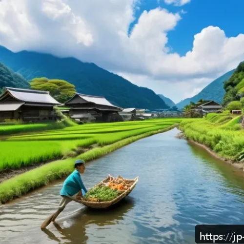 GNH 행복경제와 자원 관리 - A vibrant Japanese rural community scene showcasing sustainable living: local farmers harvesting sea...