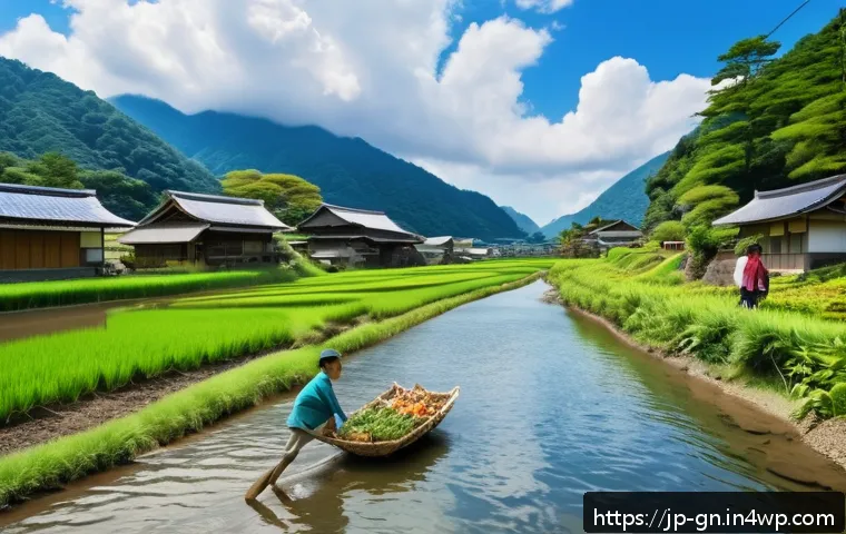 GNH 행복경제와 자원 관리 - A vibrant Japanese rural community scene showcasing sustainable living: local farmers harvesting sea...