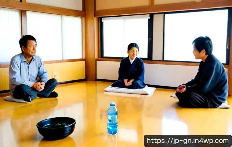 GNH 행복경제에서의 시민의 역할 - Photorealistic community meeting in a bright Japanese neighborhood civic hall, diverse adult residen...