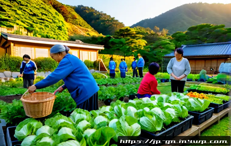 GNH 행복경제의 실천적 접근법 - Photorealistic Japanese neighborhood community garden at sunrise, diverse adults and seniors collabo...